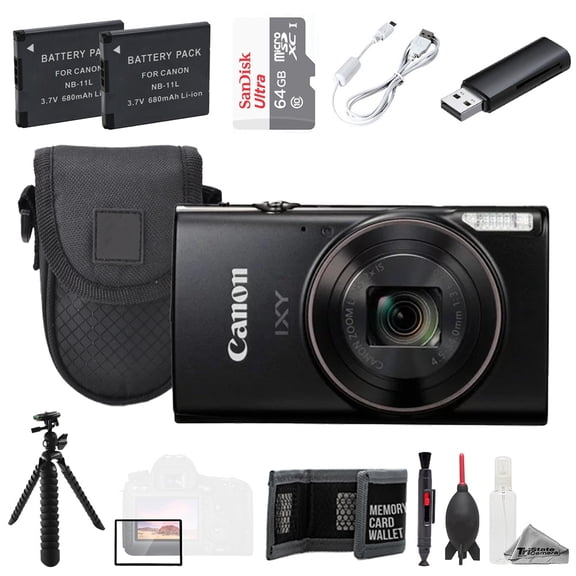 Canon IXY 650 m (PowerShot Elph 360 HS A) Camera - Black + 64GB + Tripod + Extra Batt - Value Kit (International Version)