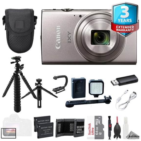 Canon IXY 650 m (PowerShot Elph 360 HS A) Camera Silver +64GB +Ext Batt+3 YR Warranty- ULTIMATE Kit (International Version)