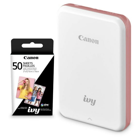 Canon Ivy Mini Mobile Photo Printer (Rose Gold) with Canon 2 x 3 Zink Photo Paper (50 Sheets)