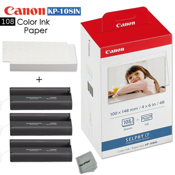 Canon KP-108IN Color Ink Paper includes 108 Ink Paper sheets + Ink toners for Canon Selphy CP1300, Selphy CP1200, Selphy CP910, Selphy CP900, cp770 & cp760 + Ultra fine HeroFiber cleaning Cloth