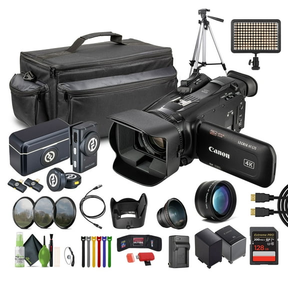 Canon LEGRIA HF G70 PAL UHD 4K Camcorder Bundle With 128GB Memory Card + Filter Kit + Telephoto + Wide Angle Lens 58mm + LARK M2 DUO 2-Person Wireless Microphone + Tripod + Carrying Case + LED light