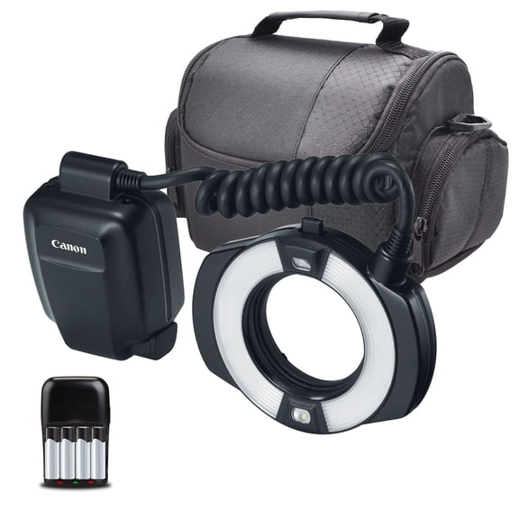 Canon MR-14EX II Macro Ring Lite Bundle | Dual-Tube Ring Flash with E-TTL II, Adjustable Flash Ratio Control & LED Modeling Lamps | Great for Macro Photography (9389B002) + Bag + AA with Charger