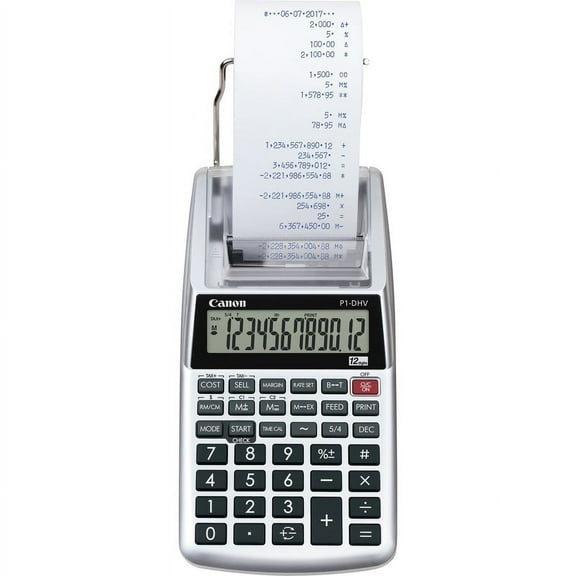 Canon P1DHV3 Compact Printing Calculator - Sign Change, Built-in Memory, Item Count, Clock, Calendar - 12 Digits - 1.6" x 3.9" x 7.7" - Sliver - 1 Eac | Bundle of 2 Each