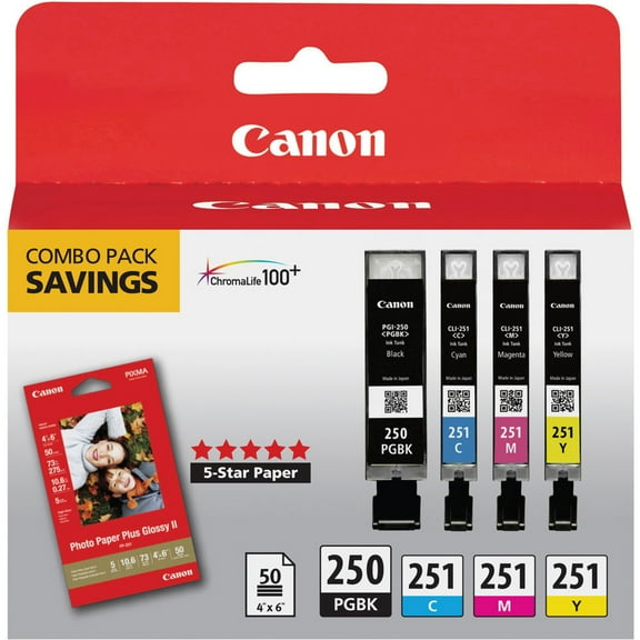 Canon PGI-250BK/CLI-251CMY Black/Color Ink Cartridges & PP-201 Paper Combo Pack