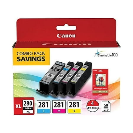 Canon - PGI-280 XL/CLI-281 4-Pack High-Yield - Pigment Black, Standard Capacity - Cyan, Magenta, Yellow Cartridges + Photo Paper - Black, Cyan, Magenta, Yellow