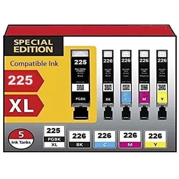 Canon PGi-225 and Cli-226 Compatible Ink-Cartridge Value Pack. Includes 1 PGi-225 Black, 1 Cli-226 Black, 1 Cyan, 1 Magenta, and 1 Yellow Ink Cartridges