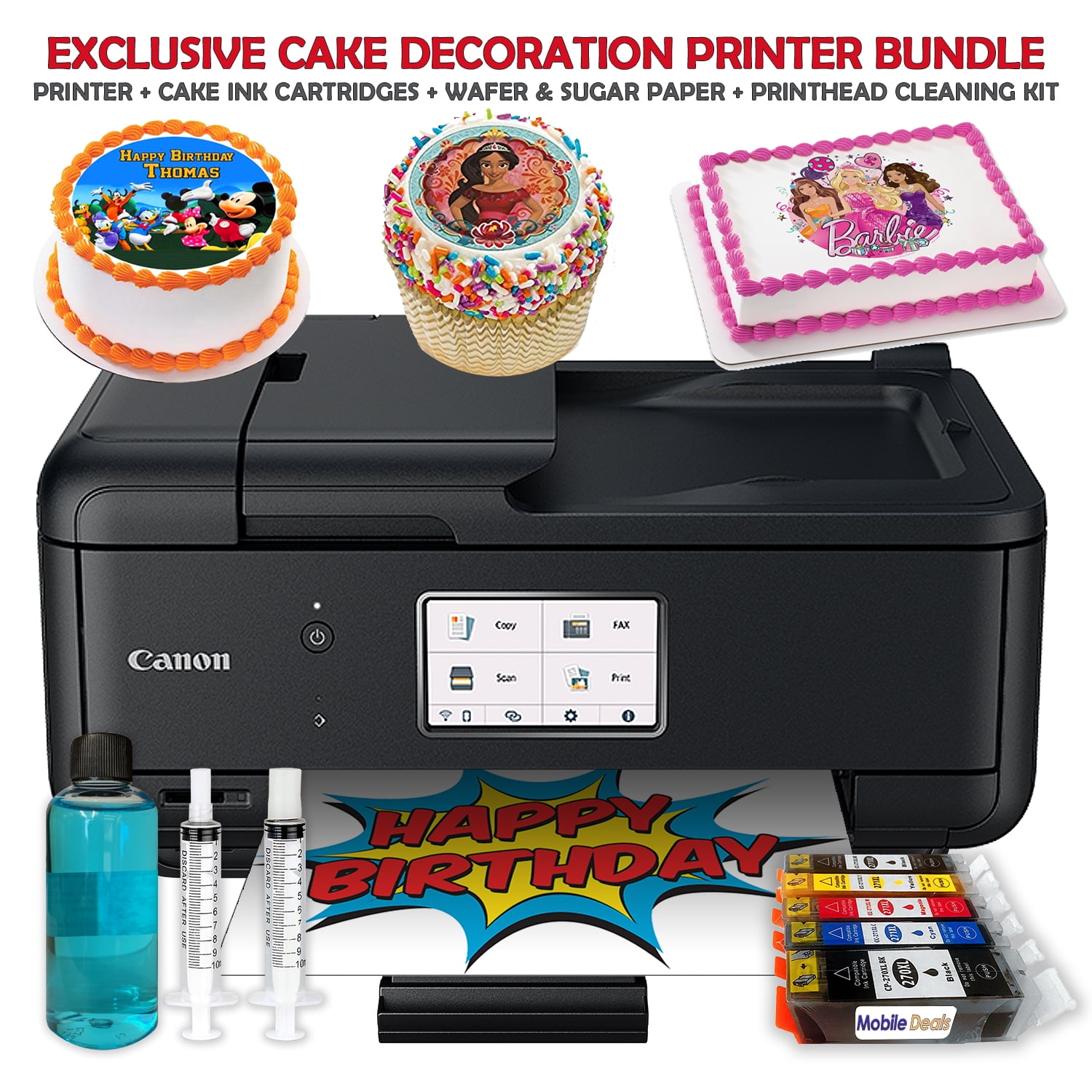 Canon PIXMA Cake Topper Image Printer, Edible Ink Cartridges, 12 Sugar Frosting Sheets & Edible Color Markers Kit, Black