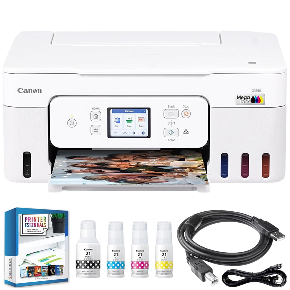 Canon PIXMA G3290 Wireless MegaTank All-In-One Inkjet Printer, Copy, & Scan - White 6706C022 Bundle with 6FT USB 2.0 Printer Cable + Tech Smart USA Printer Essentials Software Kit