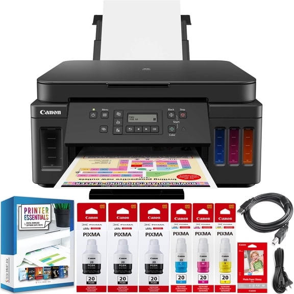 Canon PIXMA G6020 MegaTank All-In-One Wireless Printer w/ Copy, Scan, Mobile, Photo Print 3113C002 + Refillable Ink Bottles + 2 Extra Black Ink Bundle with DGE High Speed USB Cable + Pro Software Kit