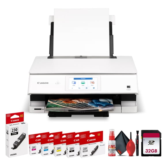 Canon PIXMA TS8820 Wireless All-In-One Inkjet Printer | Print Copy Scan | High-Resolution Photo Color Output for Home Office Creative Projects Everyday Documents + 32GB Card + More (8 Items)