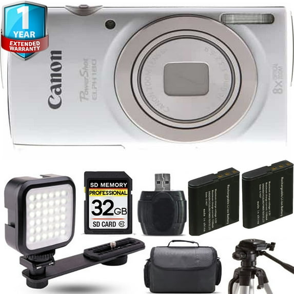Canon PowerShot ELPH 180 Camera (Silver) + Extra Battery + LED +1 Yr Warranty (International Version)