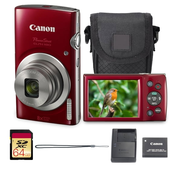 Canon PowerShot ELPH 180 Digital Camera Bundle (Red) Compact Point and Shoot with Optical Zoom | Easy Controls Lightweight Design for Travel Family and Everyday Photography with Case and 64GB Card