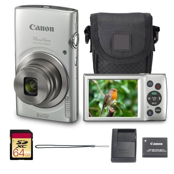 Canon PowerShot ELPH 180 Digital Camera Bundle (Silver) Compact Point and Shoot with Optical Zoom | Easy Controls Lightweight Design for Travel Family and Everyday Photography with Case and 64GB Card