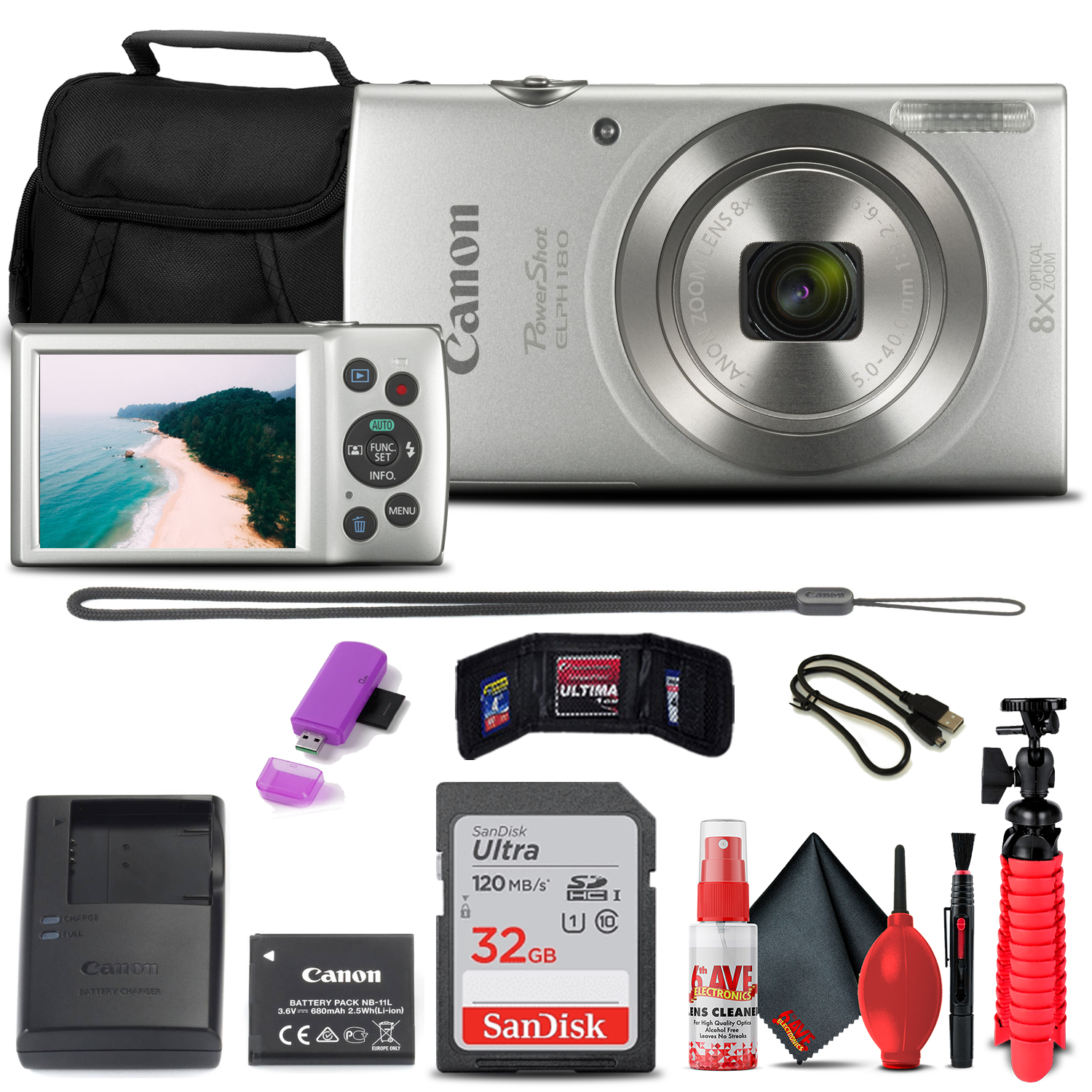 Canon PowerShot ELPH 180 Digital Camera (Silver) (1093C001) + 32GB Card + Case + Card Reader + Flex Tripod + Memory  Wallet + Cleaning Kit + USB Cable - image 1 of 6