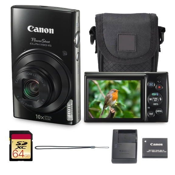 Canon PowerShot ELPH 190 Digital Camera Bundle (Black) Compact Point and Shoot with WiFi Optical Zoom | Portable Design for Travel Sharing and Everyday Photography with Case and 64GB Card