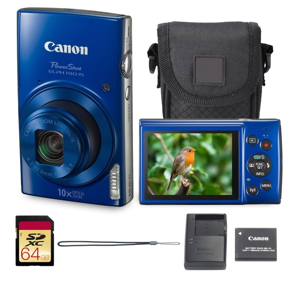 Canon PowerShot ELPH 190 Digital Camera Bundle (Blue) Compact Point and Shoot with WiFi Optical Zoom | Portable Design for Travel Sharing and Everyday Photography with Case and 64GB Card