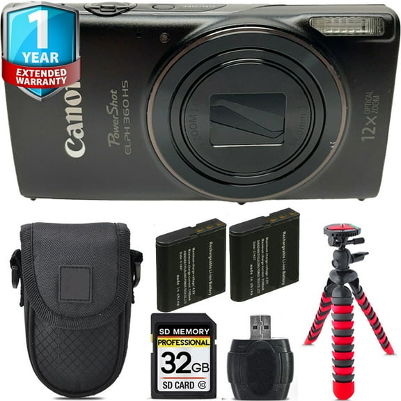 Canon PowerShot ELPH 360 Camera (Black) + 1 Yr Warranty +Tripod + Case -32GB Kit (International Version)