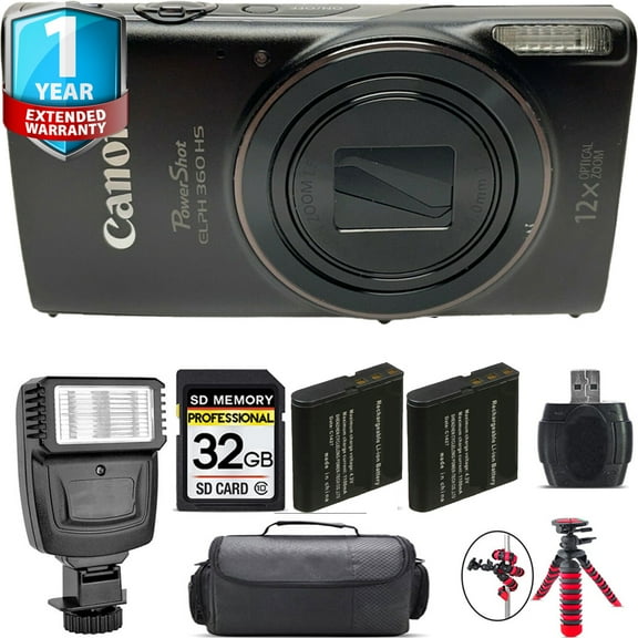Canon PowerShot ELPH 360 Camera (Black)  + Extra Battery + 1 Yr Warranty + 32GB (International Version)