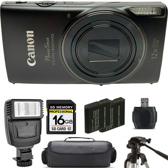Canon PowerShot ELPH 360 Camera (Black)  + Extra Battery + Flash - 16GB Kit (International Version)