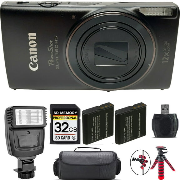 Canon PowerShot ELPH 360 Camera (Black) + Extra Battery + Flash - 32GB Kit (International Version)