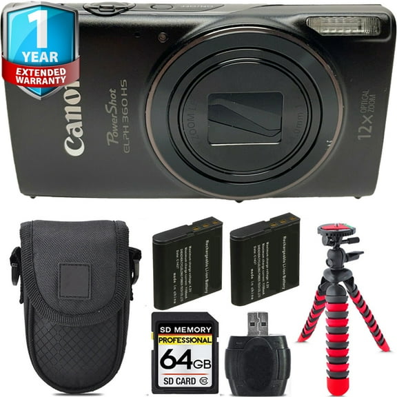 Canon PowerShot ELPH 360 Camera (Black)  + Extra Battery +Tripod + 1 Yr Warranty -64GB Kit (International Version)