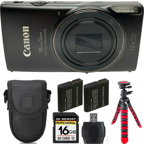 Canon PowerShot ELPH 360 Camera (Black)  + Extra Battery +Tripod + Case -16GB Kit (International Version)