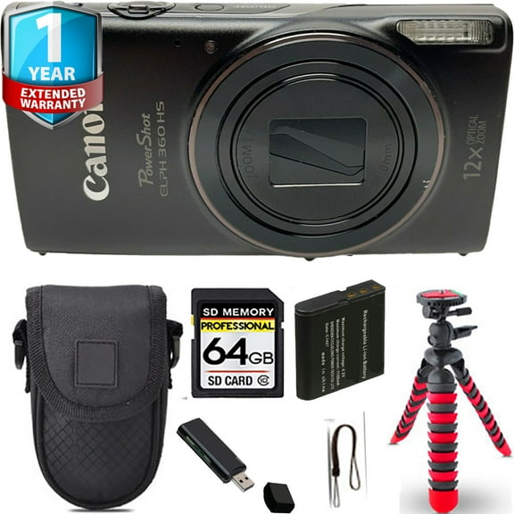 Canon PowerShot ELPH 360 Camera (Black) + Spider Tripod + 1 Yr Warranty - 64GB (International Version)