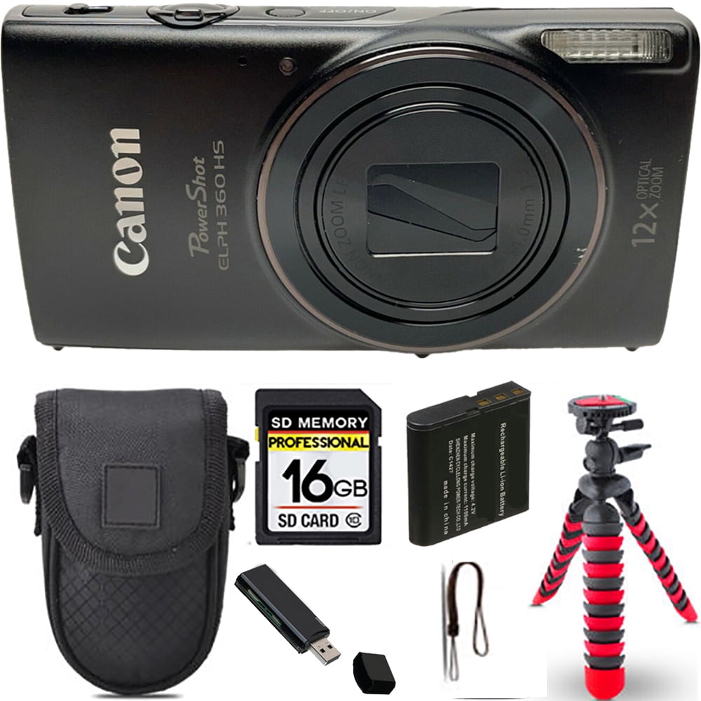 Canon PowerShot ELPH 360 Camera (Black) + Spider Tripod + Case - 16GB Kit (International Version)