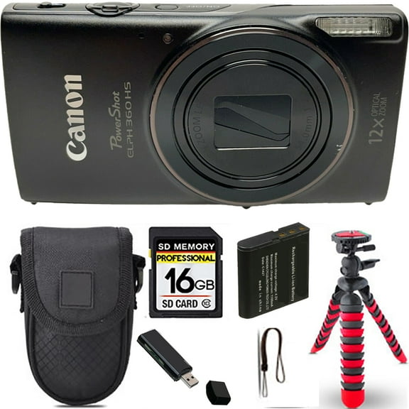 Canon PowerShot ELPH 360 Camera (Black) + Spider Tripod + Case - 16GB Kit (International Version)