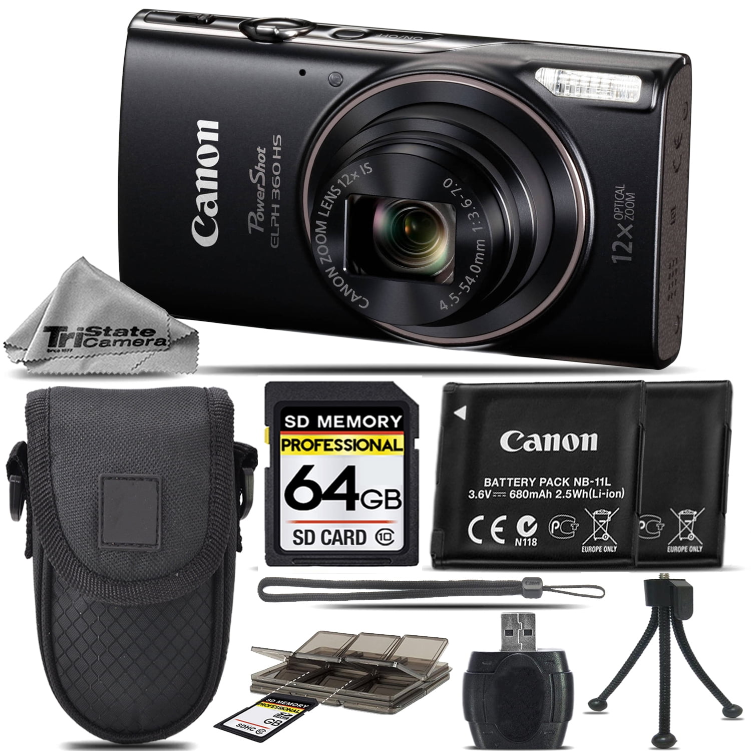 Canon PowerShot ELPH 360 Digital Camera (Black) 1075C001 8X Zoom -64GB Kit  