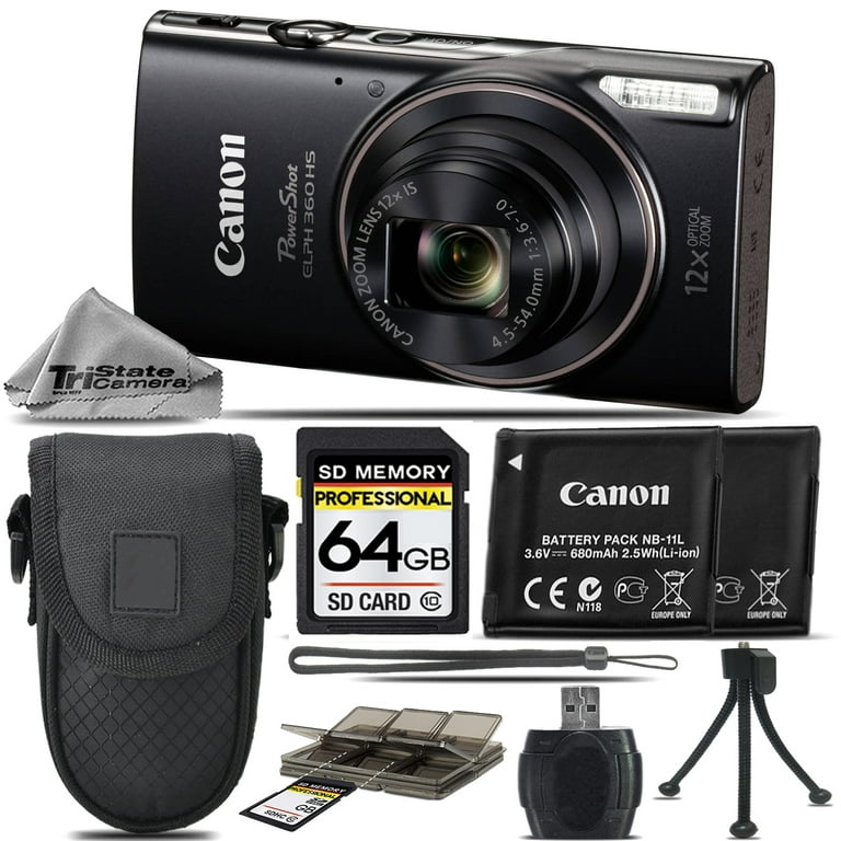 【オープニング 大放出セール】 Camera, Digital HS 360 ELPH PowerShot Canon Black, Kit 64GB メモリーカード