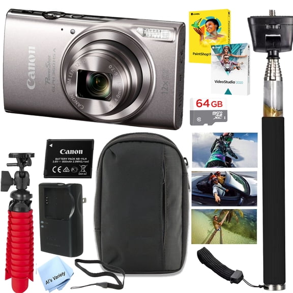 Canon PowerShot ELPH 360 HS A Digital Camera+ 64GB Extreme Memory, Selfie Stick, Tripod, Software (Top Value Bundle) (Silver) -International Version