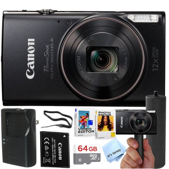 Canon PowerShot ELPH 360 HS A Digital Camera + 64GB Memory + Stabilizing Grip + Software Pack +More(Value Bundle)