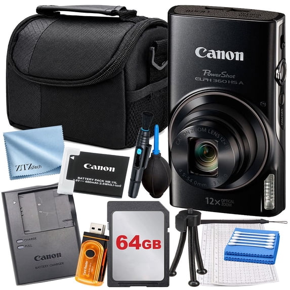 Canon PowerShot ELPH 360 HS A Digital Camera (Black) Small 64GB (International Version)