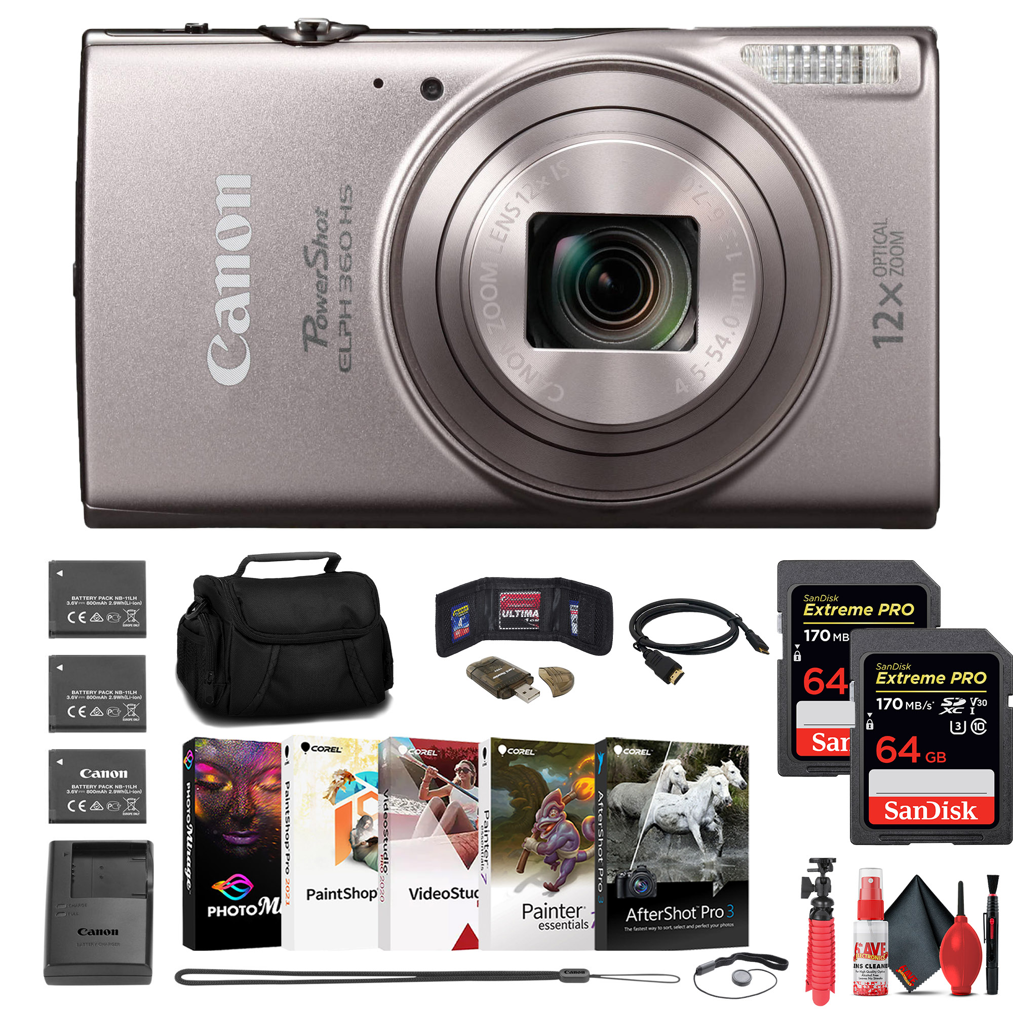 Canon PowerShot ELPH 360 HS Camera + 2 x 64GB Card + 2 x Battery + Case + More - image 1 of 8