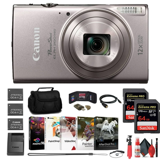 Canon PowerShot ELPH 360 HS Camera + 2 x 64GB Card + 2 x Battery + Case + More