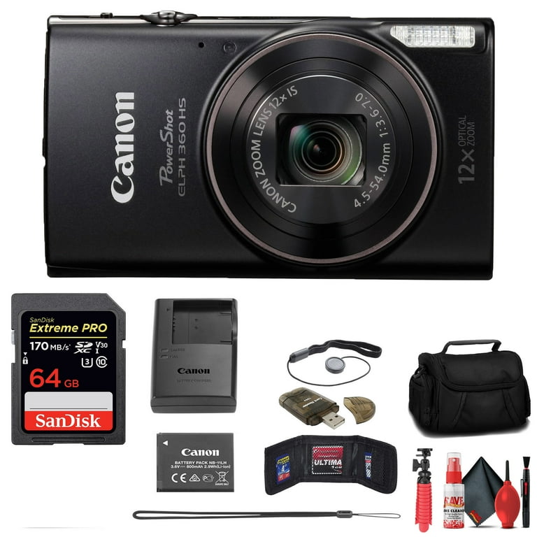 Canon PowerShot ELPH 360 HS Camera New (Black) + 64GB SD Card +