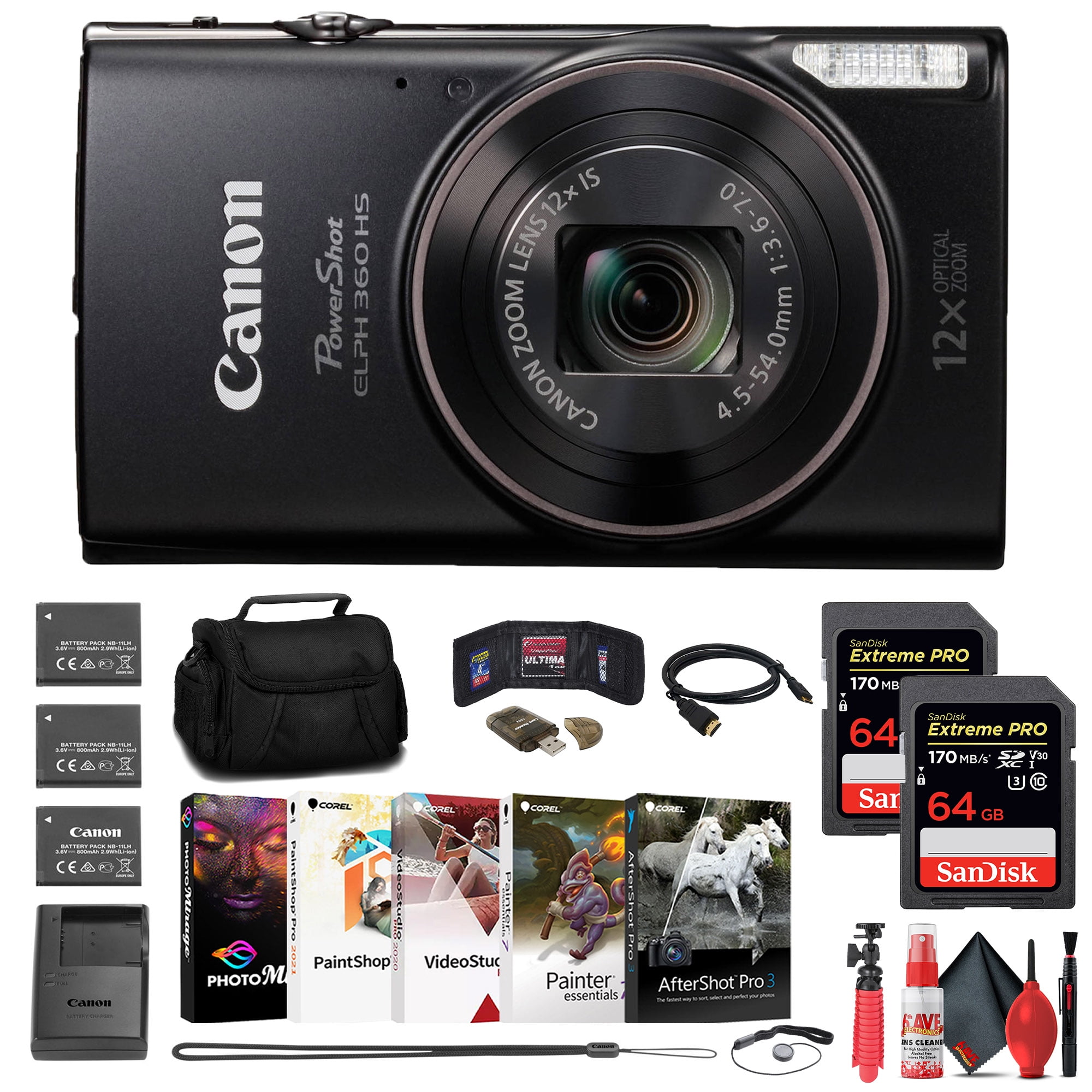 Canon PowerShot ELPH 360 HS Compact Digital Camera Bundle 2 x 64GB