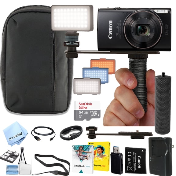 Canon PowerShot ELPH 360 HS A Digital Camera+ 64GB Extreme Memory, LED Light, Case, Grip, Software, and More (Video Creator Bundle)-International Version