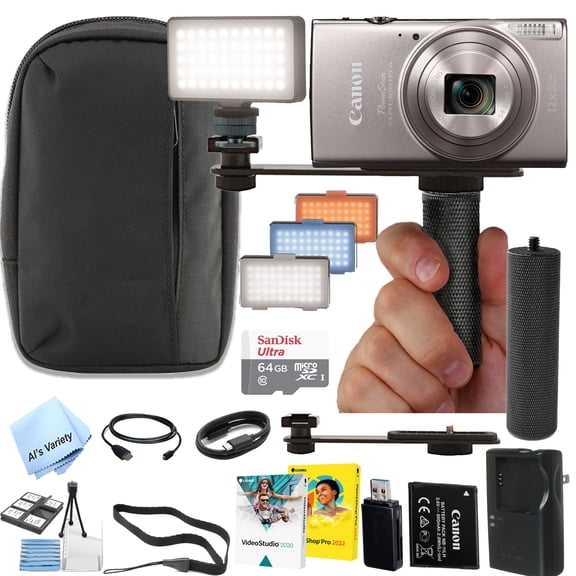 Canon PowerShot ELPH 360 HS A Digital Camera+ 64GB Extreme Memory, LED Light, Case, Grip, Software, and More (Video Creator Bundle)(Silver)-International Version