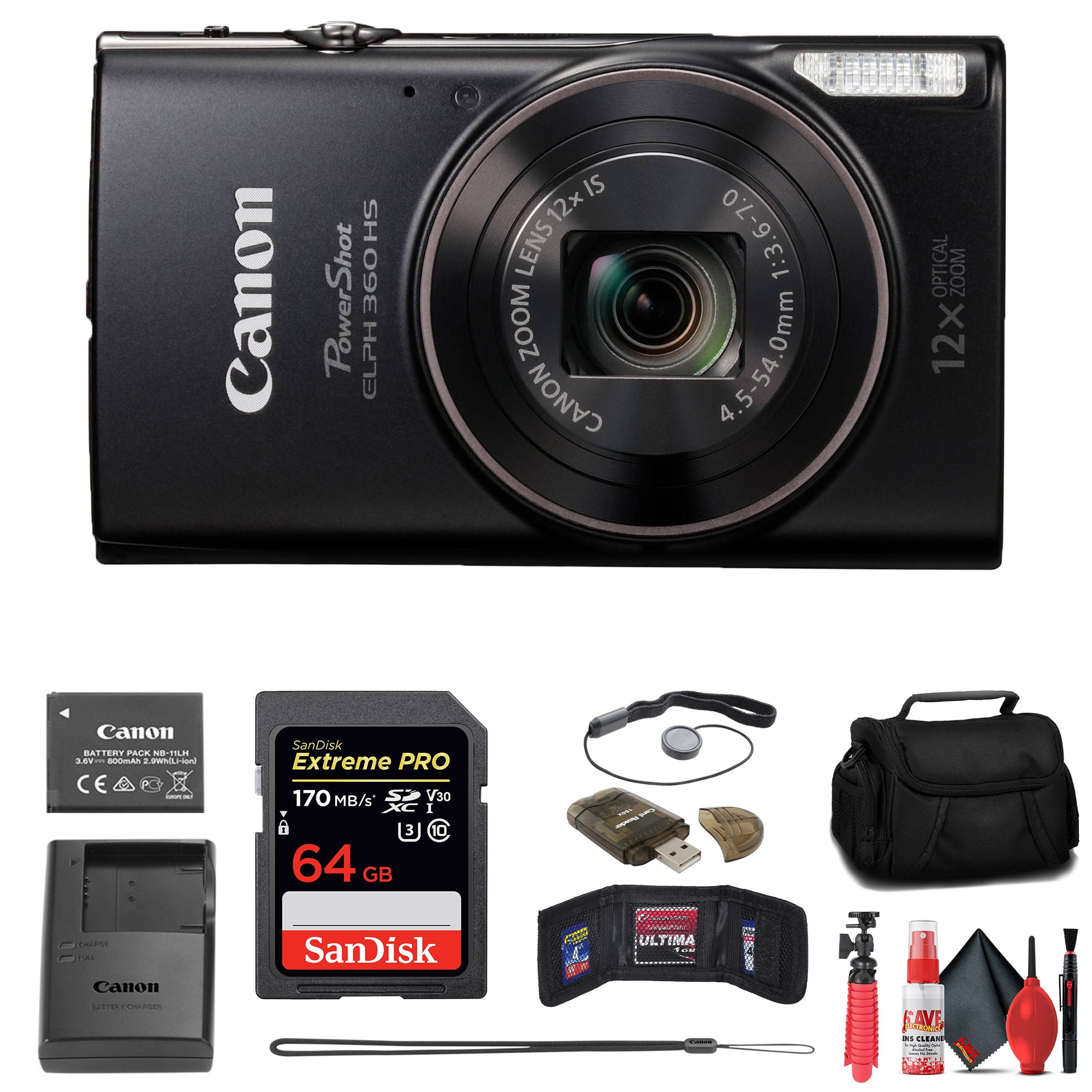 Canon PowerShot ELPH 360 HS Digital Camera (Black) (1075C001) +