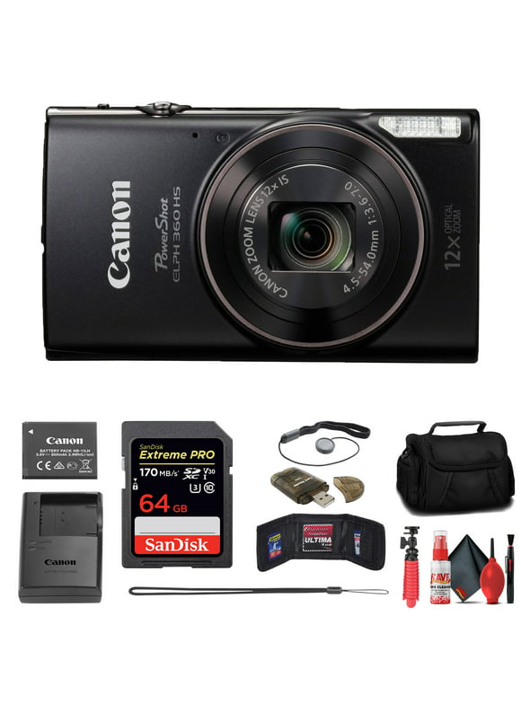 Canon PowerShot ELPH 360 HS Digital Camera (Black) (1075C001) + 64GB Memory Card + Case + Card Reader + Flex Tripod + Memory Wallet + Cap Keeper + Cleaning Kit