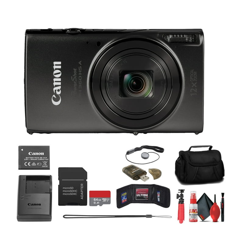 Canon PowerShot ELPH 360 HS Digital Camera 12x Zoom Black Bundle