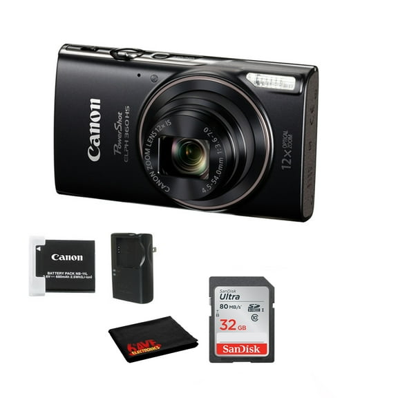 Canon PowerShot ELPH 360 HS Digital Camera(USA Model) - 32GB SD Card & Microfiber cloth