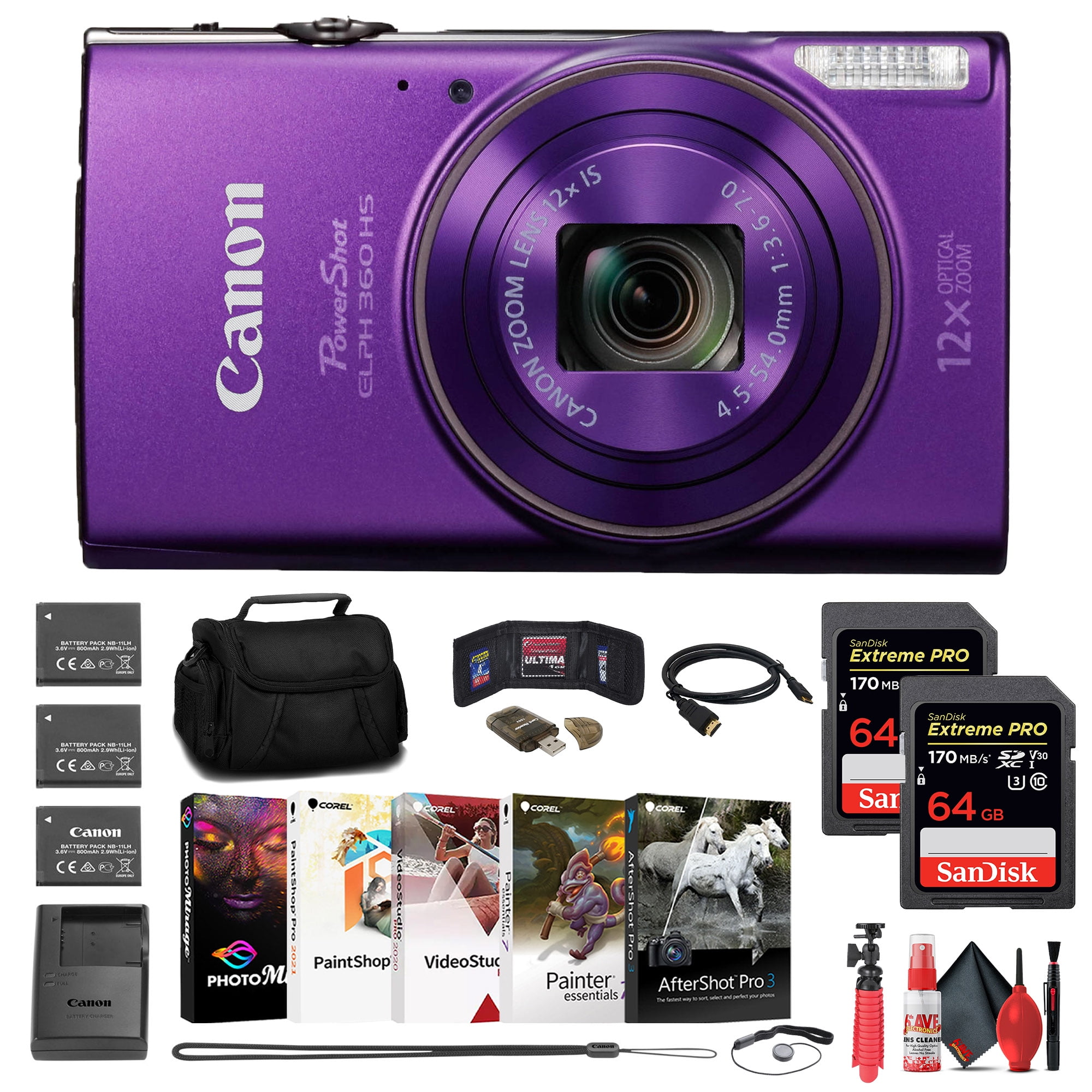 Canon PowerShot ELPH 360 HS Digital Camera (Purple) (1081C001) + 2 x