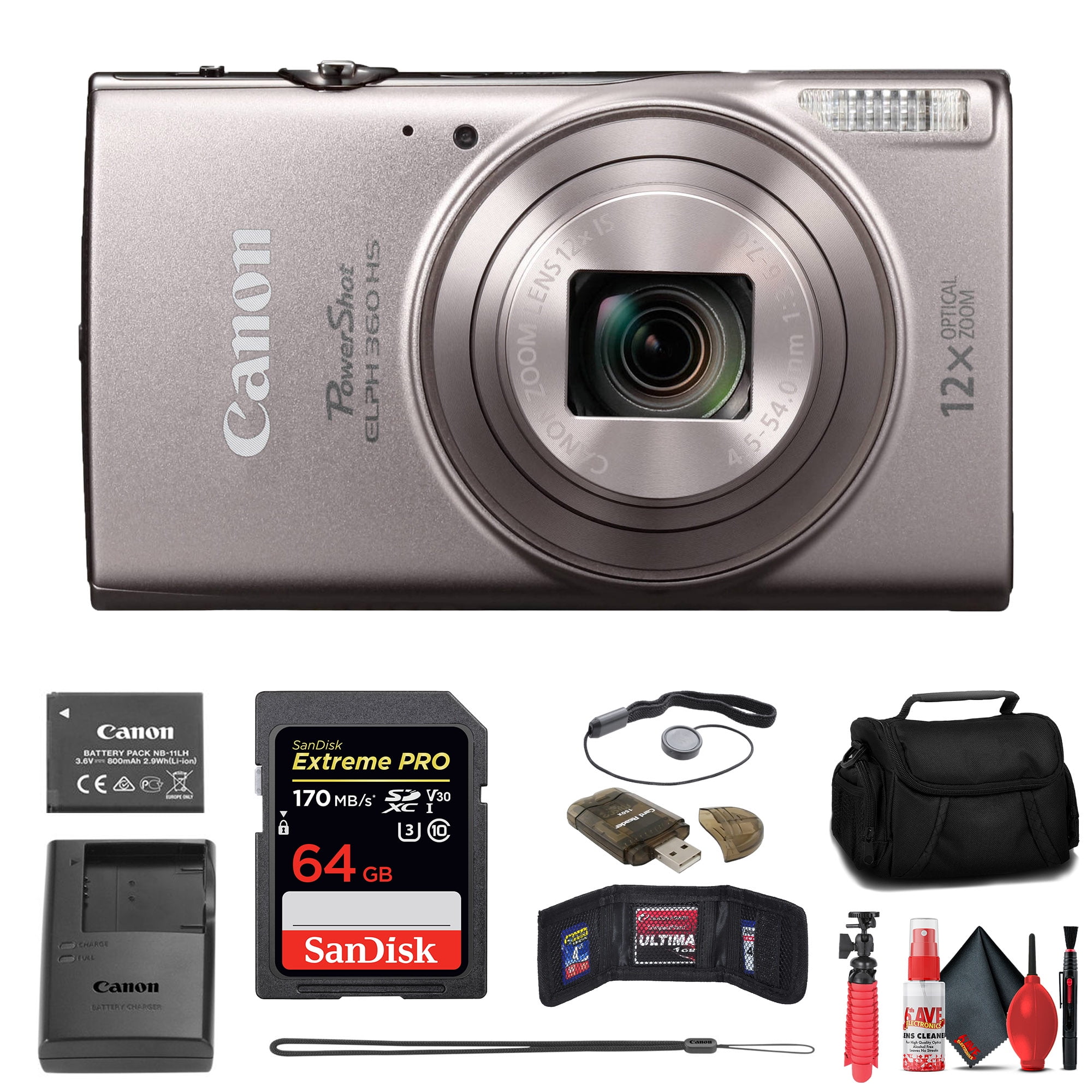 Canon PowerShot ELPH 360 HS Digital Camera (Black) (1075C001) + 64GB Memory  Card + Case + Card Reader + Flex Tripod + Memory Wallet + Cap Keeper +  Cleaning Kit 