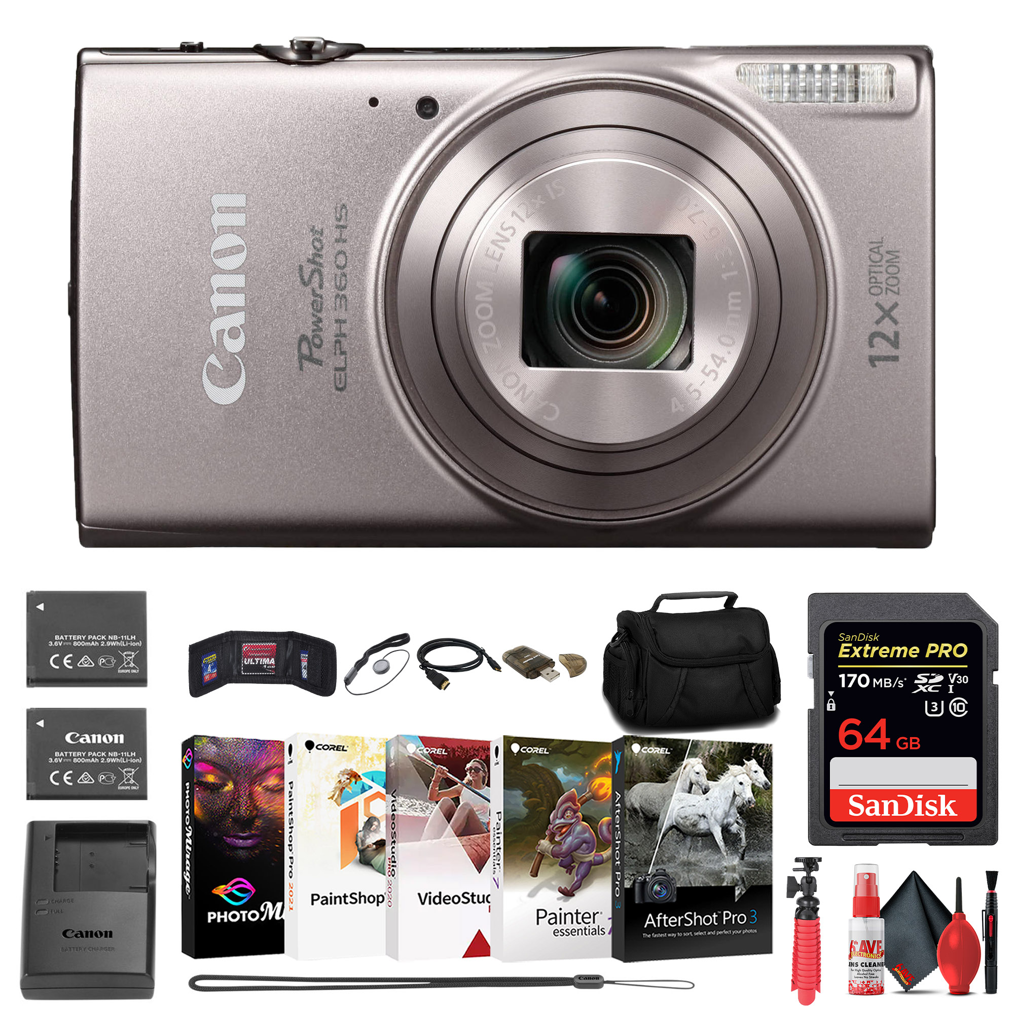 Canon PowerShot ELPH 360 HS Digital Camera (Silver) (1078C001) + 64GB Memory Card + NB11L Battery + Case + Charger + Card Reader + Corel Photo Software + HDMI Cable + Flex Tripod + More - image 1 of 8