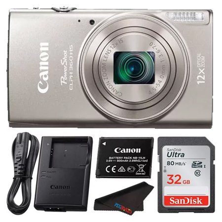 Canon PowerShot ELPH 360 HS Digital Camera(Silver) w/ 32GB SD Card + Pixi-Bytes Microfiber Cleaning Cloth