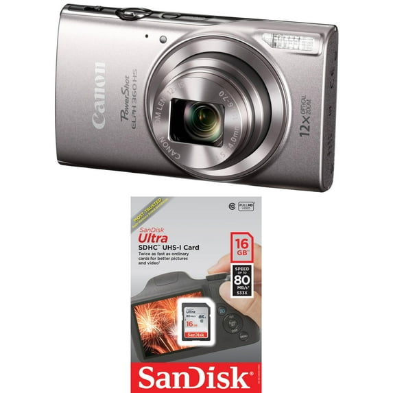 Canon PowerShot ELPH 360HS Digital Camera w/ Sandisk Ultra 16GB Memory Card