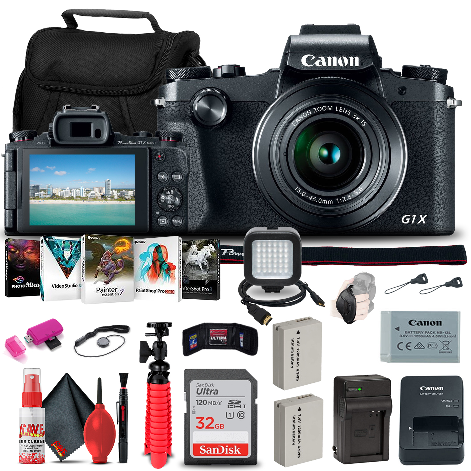 Canon PowerShot G1 X Digital Camera (5249B001) + 32GB Card + 2 x NB10L Battery + NB10L Charger + Card Reader + LED Light + Corel Photo Software + Case + Flex Tripod + HDMI Cable + Hand Strap + More - image 1 of 7